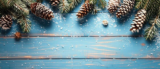 Aufkleber - Blue wooden texture with fir branches cones and snow for winter Christmas vibe suitable for copy space image