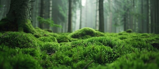 Fototapete - Close up view of a mossy forest ground with branches in a European forest ideal for copy space image