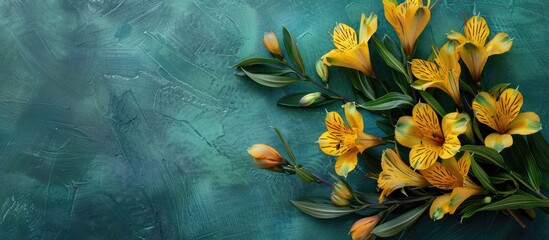 Fototapete - Top view bouquet of yellow Alstroemeria flowers on a green background with copy space image