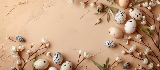 Poster - Beige background with quail eggs and botanical decor in Easter theme top view for copy space image
