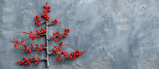Poster - Creative Christmas concept depicted through Christmas tree branches with red berries arranged as a tree shape on a gray background composing a festive copy space image