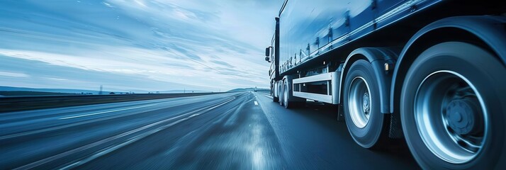 Poster - A semi-truck drives along a highway with a bright blue sky and open horizon. Generative AI