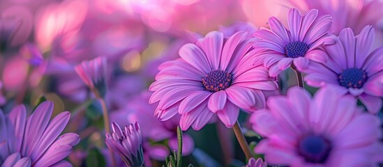 Aufkleber - An African Daisy Osteospermum rests on vibrant purple flowers in a garden set against a soft backdrop with ample copy space creating a field of pink and purple blooms