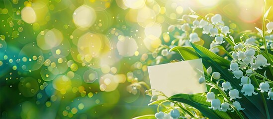 Poster - Colorful background with a gorgeous lily of the valley flowers and a blank card for copy space image