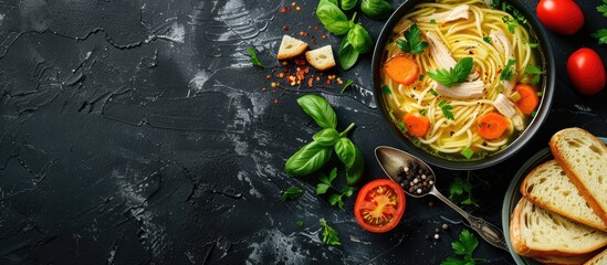 Aufkleber - Chicken soup with noodles bread and a blank space for adding images or text. Creative banner. Copyspace image