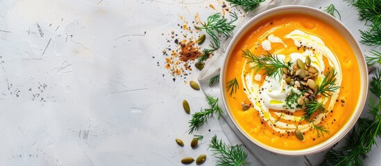 Aufkleber - Delicious pumpkin soup topped with cream dill and pumpkin seeds in a long format top view copy space image