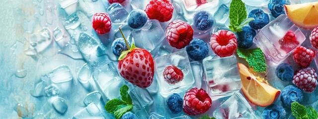 Wall Mural - frozen ice cubes with berries. Selective focus.