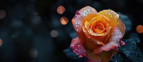 Wall Mural - Close up image of Double Delight rose on black backdrop with white bokeh showcasing its yellow heart and raindrop covered petals in selective focus ideal as a copy space image