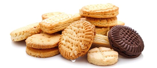 Poster - Assortment of biscuits for dessert snacking or breakfast isolated on a white background providing copy space image
