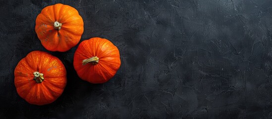 Poster - Autumn themed top view composition featuring two vivid orange pumpkins placed on a dark background for Halloween offering a perfect copy space image