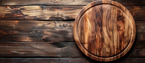 Poster - Circular cutting board on a vibrant wooden backdrop with ample copy space image