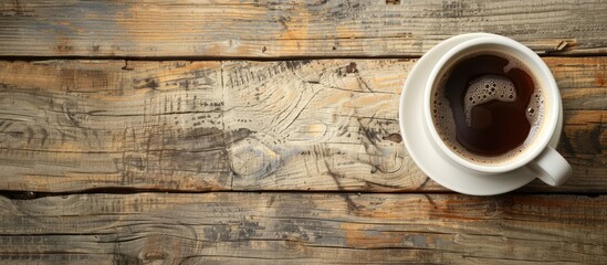Poster - Top down view of a coffee cup on a vintage wooden surface with available copy space image