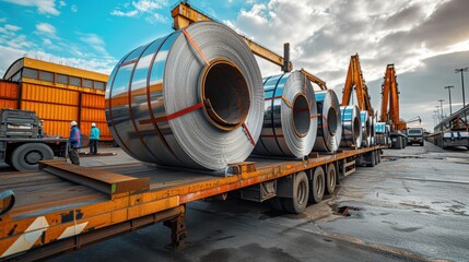 Wall Mural - Industrial Steel Coils on Flatbed Truck at Shipping Yard with Cranes and Workers Under Cloudy Sky