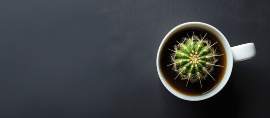 Aufkleber - A cactus is shown in a white coffee cup filled with black coffee set against a black backdrop ideal for copy space image