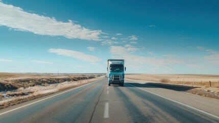 Poster - A semi-truck drives down a straight highway, with a blue sky and white clouds in the background. Generative AI