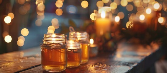 Poster - Blurry lights create a soft backdrop for glass jars filled with delicious honey on a table offering a perfect copy space image