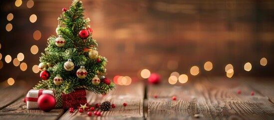 Poster - Christmas tree decoration on a wooden table with available copy space image