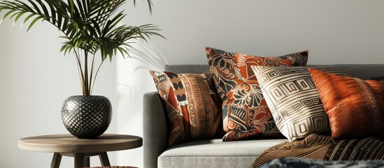 Aufkleber - A dark apartment interior featuring patterned cushions resting on a sofa beside a wooden table with a plant against a white background Displayed in a real photo with copy space image