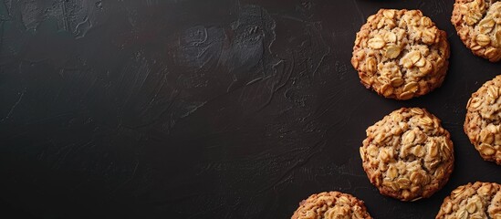 Fototapete - A top down view of oatmeal cookies set against a black backdrop provides ample copy space for the image