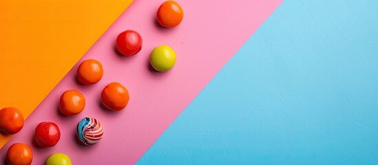 Aufkleber - Colorful candies arranged in a flat lay composition on a colorful background with available copy space image