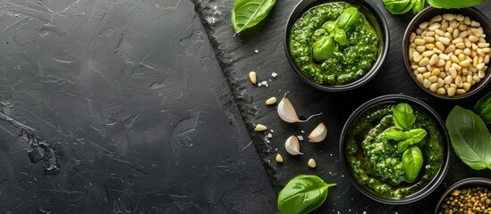 Aufkleber - Cooking pesto sauce with basil olive oil parmesan garlic and pine nuts on a dark stone table with copy space image
