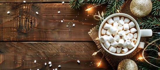 Aufkleber - Close up top view of hot chocolate with marshmallows on a holiday themed wooden backdrop adorned with Christmas decor and a fir tree featuring copy space image