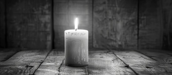 Leinwandbilder - Black and white image of a burning candle on a wooden background with ample copy space