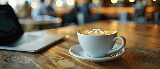 Aufkleber - Close up of a white cup of latte next to a laptop on a wooden table in a cafe co working space with a modern lifestyle background conveying online work in a cozy setting. Creative banner