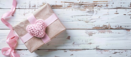 Fototapete - A charming and romantic background featuring a delicate pink heart a ribbon and a gift box with a bow on a white wooden table with copy space image