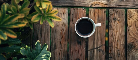 Poster - Top down view of a coffee cup placed on a tabletop in the garden with ample copy space in the image