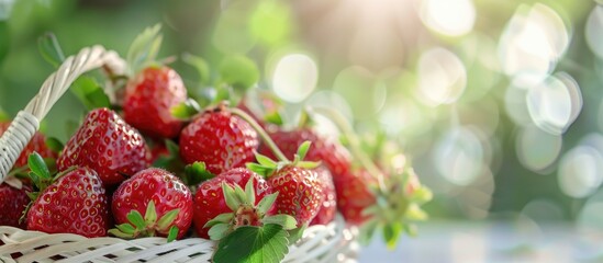 Poster - Blurred background highlights ripe strawberries in a white basket with copy space image