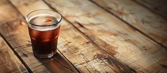 Sticker - Brown wooden table with a clear glass of murky coffee and ample copy space image