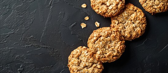 Fototapete - A top down view of oatmeal cookies set against a black backdrop provides ample copy space for the image