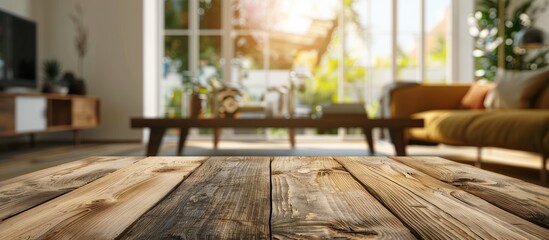 Poster - Blurry living room in the background of a tabletop with room for a copy space image
