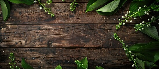 Aufkleber - A charming image featuring lily of the valley with vibrant green leaves set on a rustic wooden backdrop perfect for a cheerful day s greeting. Creative banner. Copyspace image