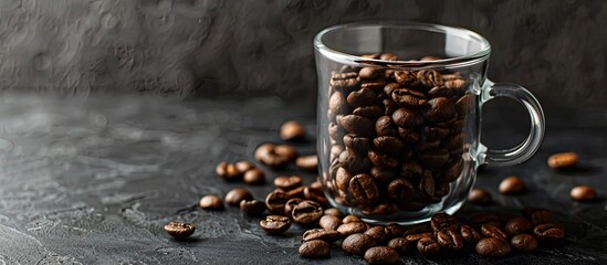 Poster - Coffee beans in a glass mug placed on a dark background illustrating a coffee house theme with a copy space image