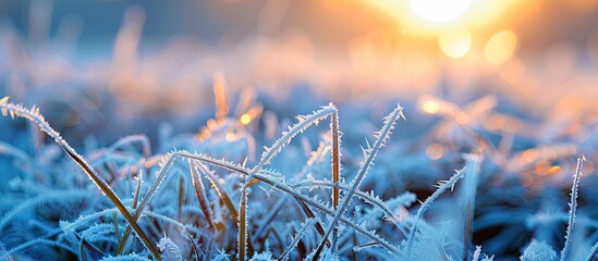 Fototapete - Capturing a close up image of frost covered grass at sunrise on an early spring morning ideal for macro photography with copy space image