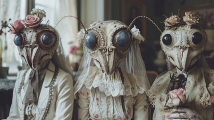 Wall Mural -  Three peculiar dolls sit in a row on the table before a window