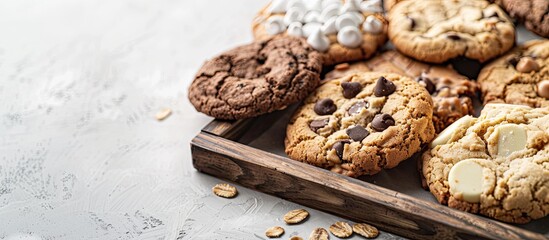 Poster - Assorted cookies including chocolate chip oatmeal raisin and white chocolate on a tray with copy space image