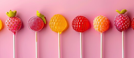 Poster - Colorful fruit shaped candy lollipops create an attractive display in a copy space image