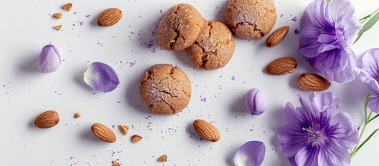 Poster - Almond cookies in pastel colors alongside violet spring flowers on a white background for a copy space image