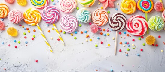 Aufkleber - Colorful lollipops and candies arranged in a top view composition perfect for adding your message in the copy space image