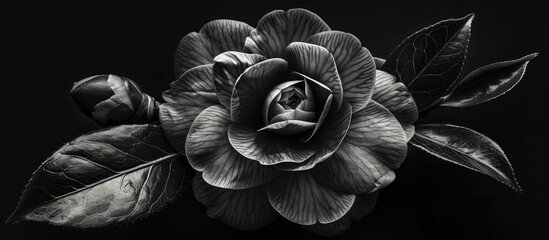 A dark monochrome camellia blossom with white veins accompanied by two buds three glossy leaves in a macro shot set as a fine art still life with copy space image on a black background