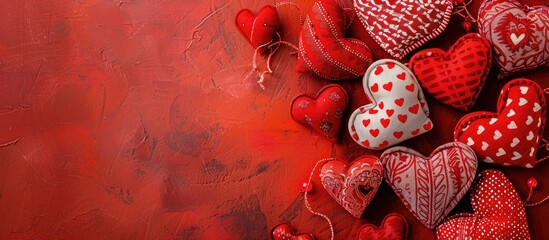 Aufkleber - Bird s eye view of fabric hearts on a vibrant backdrop symbolizing Valentine s Day with room for text or images. Creative banner. Copyspace image