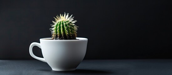 Aufkleber - A cactus is shown in a white coffee cup filled with black coffee set against a black backdrop ideal for copy space image