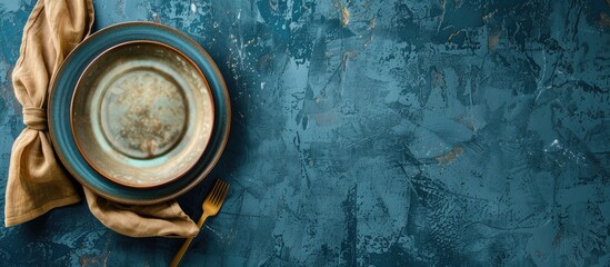 Poster - A blue concrete background showcases a table setting including a plate and napkin seen from a top down perspective ideal for a copy space image