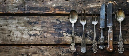 Leinwandbilder - Cutlery items arranged on a rustic wooden table with a visible empty area suitable for adding a desired image. Creative banner. Copyspace image