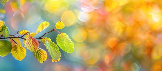 Aufkleber - Vibrant autumn backdrop featuring a branch with yellow green leaves against a blurred backdrop of yellow green and red leaves with clear copy space image