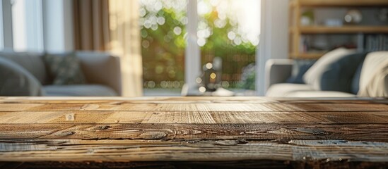 Sticker - Blurry living room in the background of a tabletop with room for a copy space image