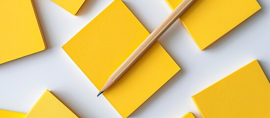 Aufkleber - An array of blank yellow notepads showcased with a wooden pencil against a white background for a copy space image